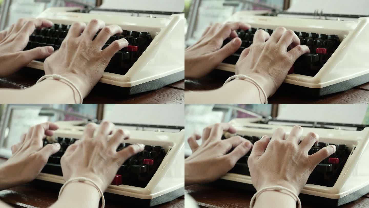 特写：女人在老打字机上打字