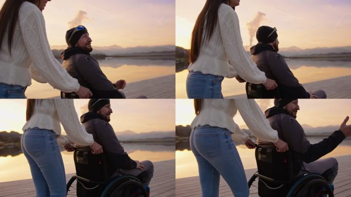 与残疾丈夫坐在轮椅上的妇女在码头上散步和讨论