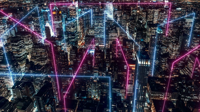 T/L智慧城市和Metaverse概念，夜晚的曼哈顿