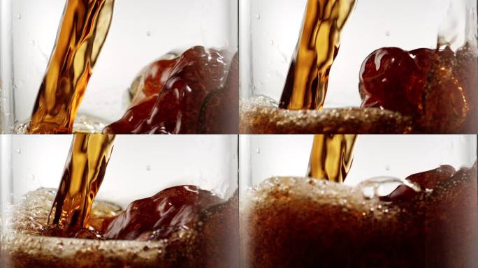将可乐饮料倒入玻璃杯特写镜头