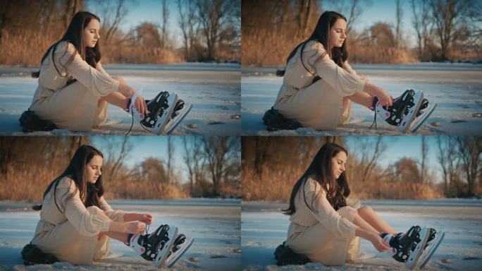 年轻女子系冰鞋鞋带和滑冰