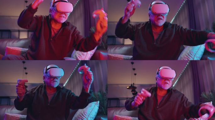 exicet亚洲老年人白胡子在家客厅享受虚拟增强现实metaverse esport在线数字世界游戏