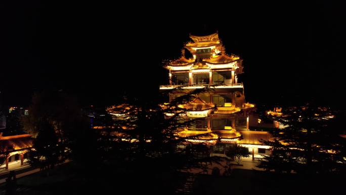 航拍兰州夜景 白塔山顶草圣阁