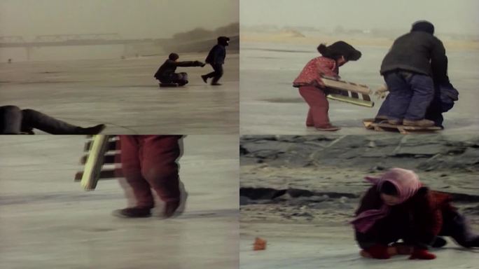 60年代冬天玩耍的孩子