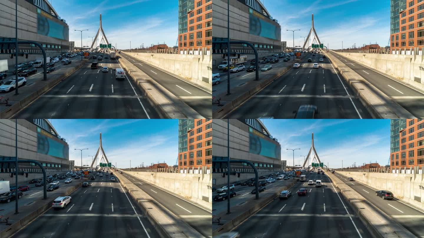 美国马萨诸塞州波士顿Zakim Bridge公路上的延时视图