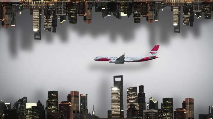 飞机飞过城市剪影