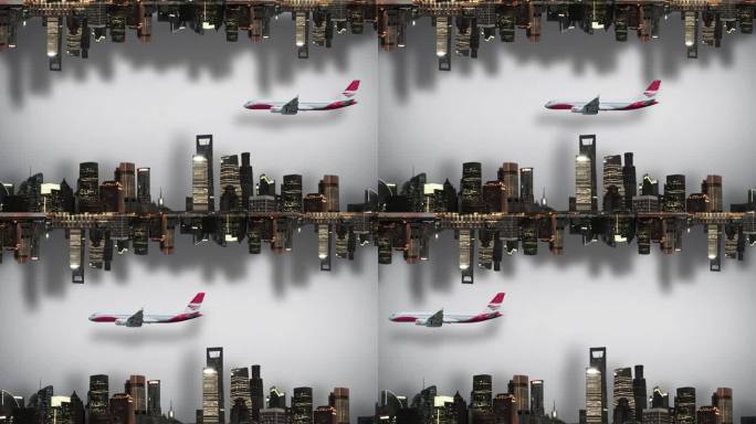 飞机飞过城市剪影
