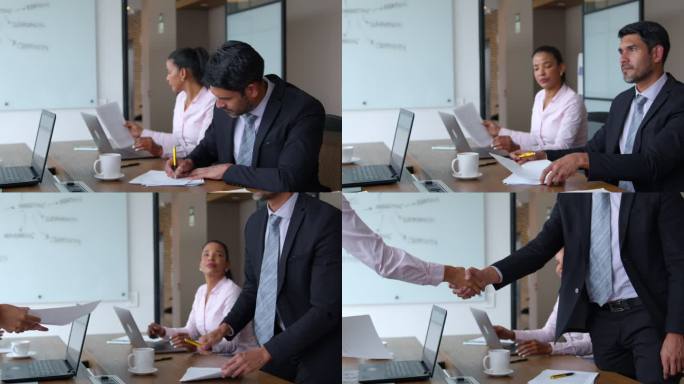 拉丁美洲商人在与合作伙伴的商务会议上签署文件并握手达成交易