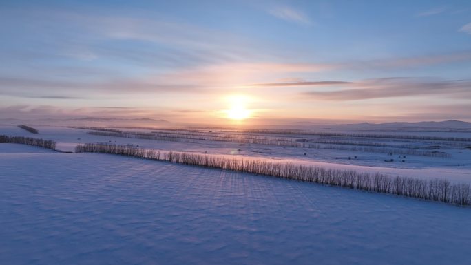 航拍内蒙古雪域雪原暮色