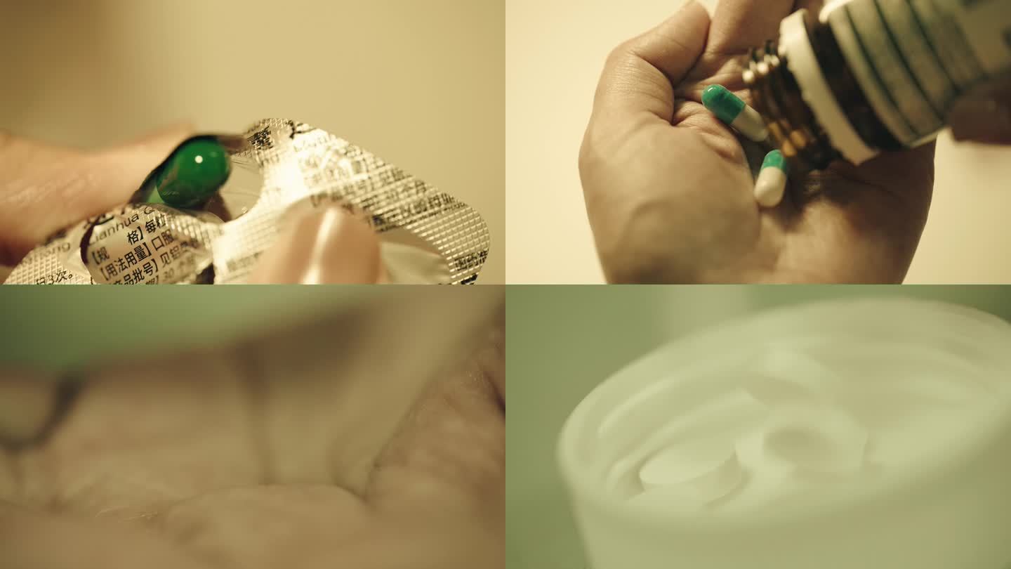 4k-病人痛苦的吃药药品特写镜头
