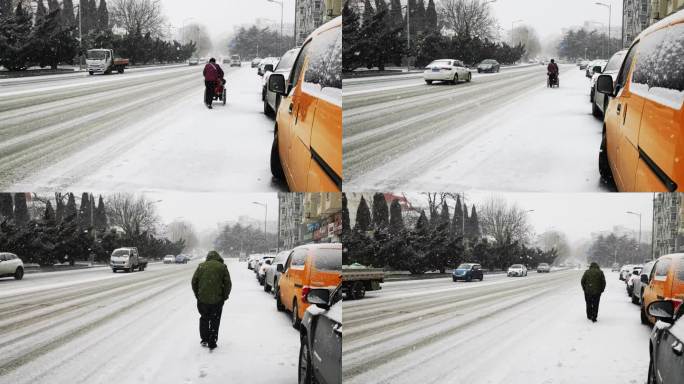 冬天 雪天雪中行走的人 推轮椅的人
