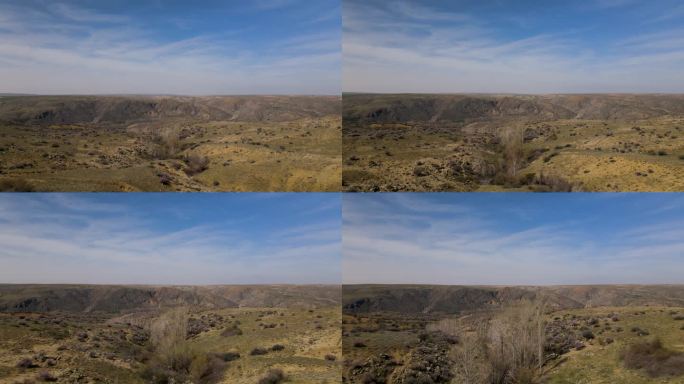 无人驾驶飞机飞越贫瘠的山谷，鸟瞰干旱的风景
