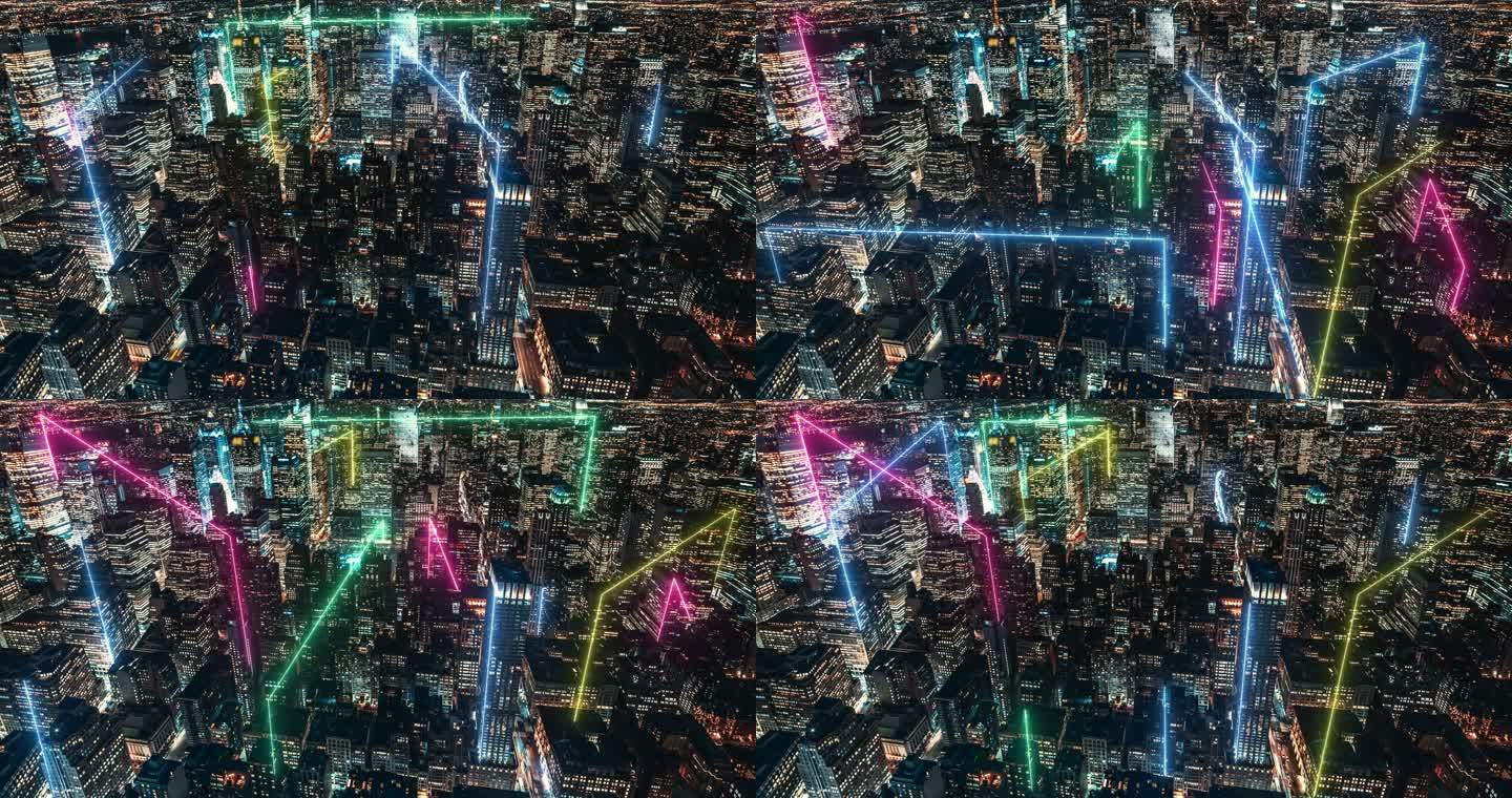T/L智慧城市和Metaverses概念，夜晚的曼哈顿