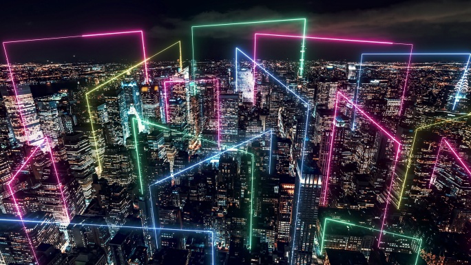 T/L智慧城市和Metaverse概念，夜晚的曼哈顿