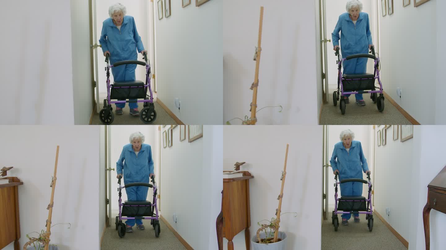 手持照片：一位独立的老年妇女带着一辆代步车沿着走廊穿过她家