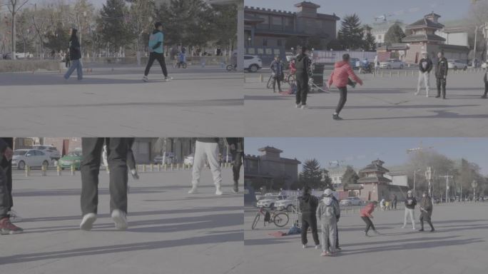 西北宁夏冬天公园运动小孩骑车跳绳滑旱冰