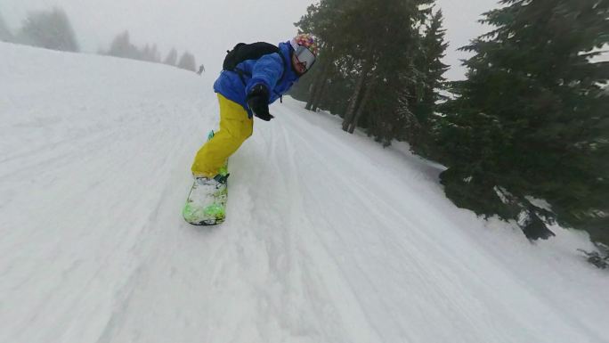 兴奋的男性在山区边远地区骑滑雪板