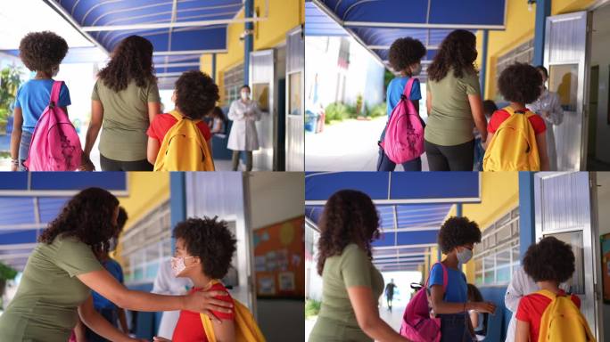 老师为学生量体温，并在入学前用洗手液洗手-使用口罩