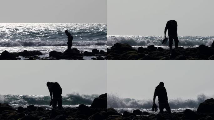 海边沉思生活无奈的人 男人剪影，大海海浪