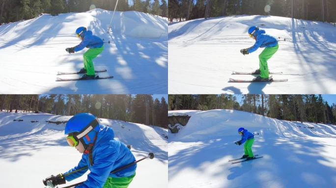 小女孩学滑雪运动健身锻炼有氧滑雪运动跟拍
