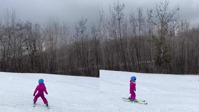 这孩子滑下斜坡。滑雪冰雪运动冬天冬季体育