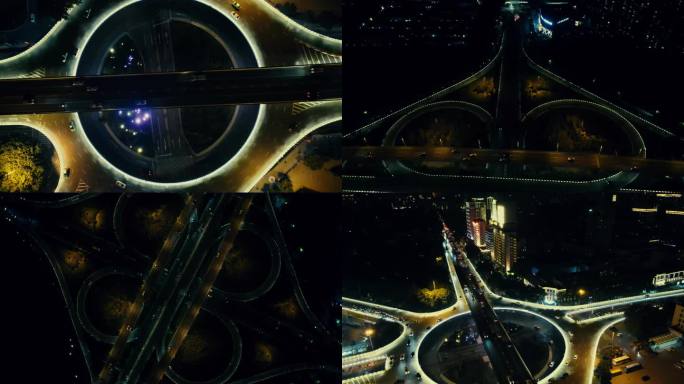 城市夜景高架桥交通多镜头4K航拍