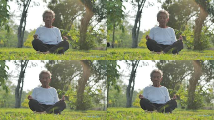 国家公园上一位快乐的亚洲老年女性的肖像。日落时分，她在美丽的面前练习瑜伽。人，假期，医疗保健和医药，