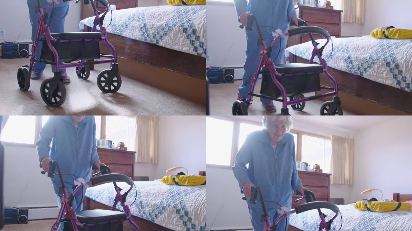 广角镜头显示了一位快乐的独立老年女性与一位移动步行者一起走过她的卧室
