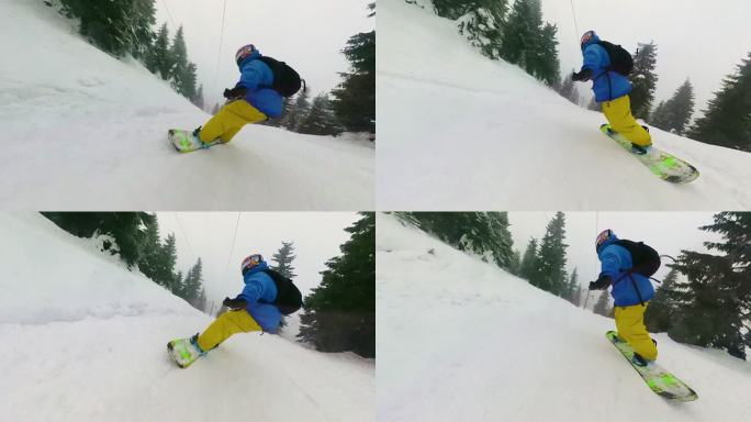 兴奋的男性在山区边远地区骑滑雪板