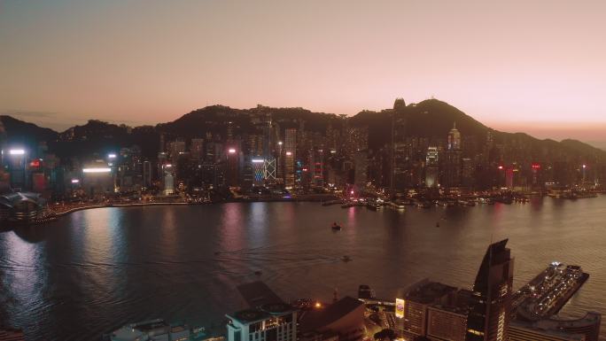 香港城市夜景香港九龙维多利亚港航拍城市