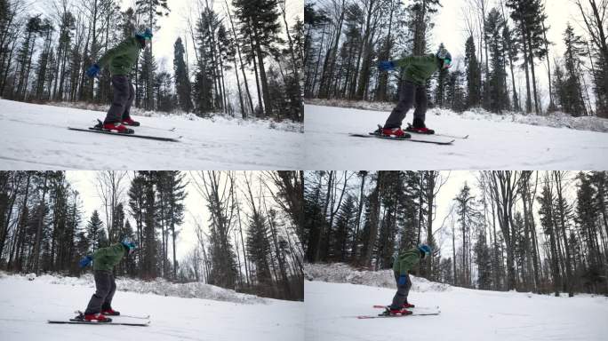 十几岁的男孩在森林里的小滑雪坡上滑雪