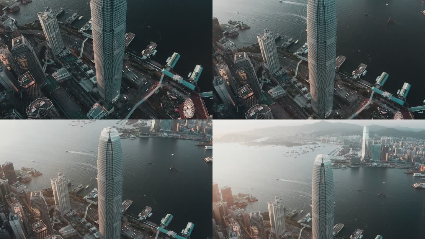 香港城市全景俯视图。无人机与摩天大楼的视频