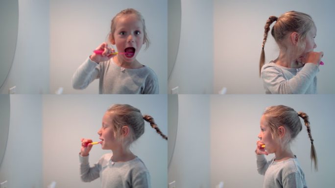 小女孩刷牙。欧美外国人种优雅白人母女父子