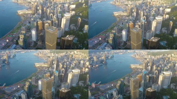 日落时香港城和维多利亚港鸟瞰图