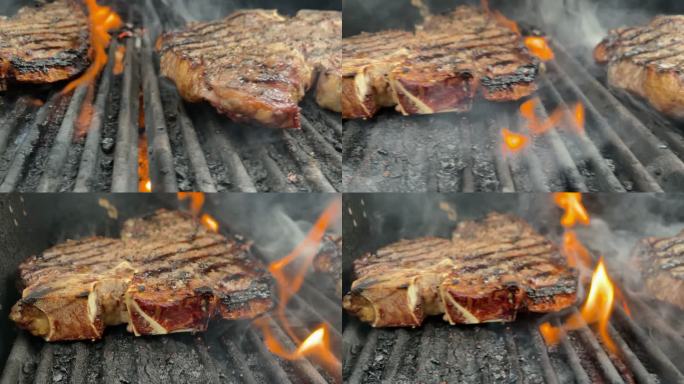 炭火烤架上的厚切生调味牛骨牛排4K视频