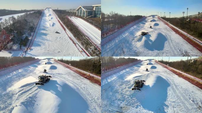 热高滑雪场铲车铺雪道航拍