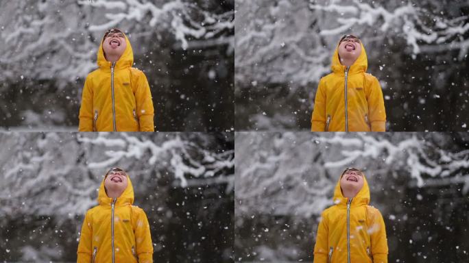 穿着黄色冬衣的有趣小男孩在下雪时散步。儿童户外冬季活动。