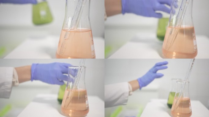 女实验室技术员和她的化学设置在慢动作视频中