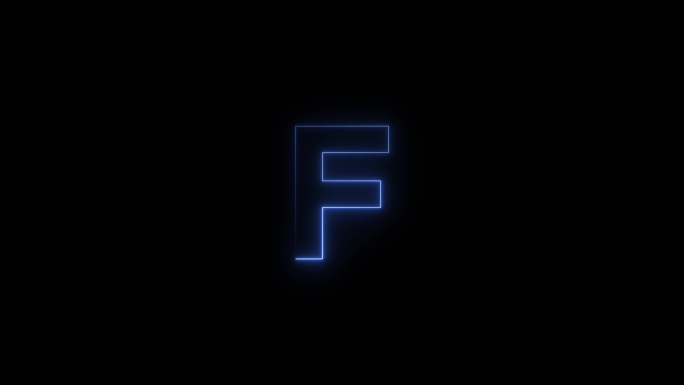 蓝色霓虹灯字体字母F大写字母在一段时间后出现。黑色背景上的动画蓝色霓虹字母符号。库存视频