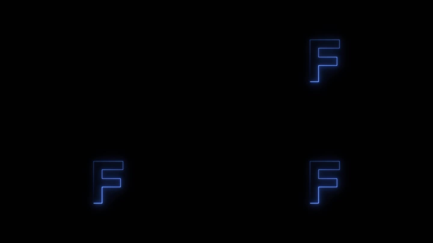 蓝色霓虹灯字体字母F大写字母在一段时间后出现。黑色背景上的动画蓝色霓虹字母符号。库存视频