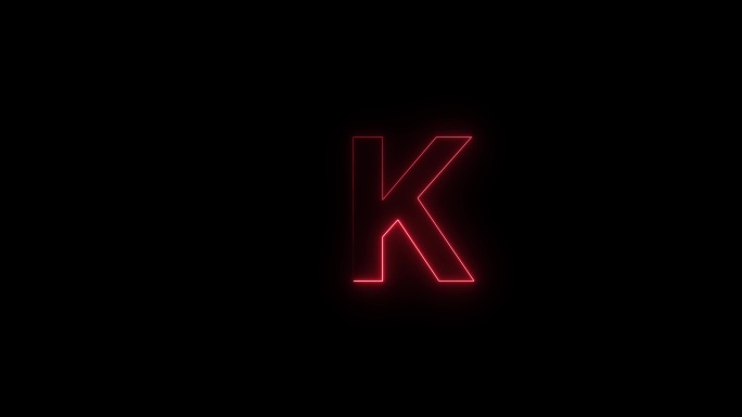 红色霓虹字体字母K大写字母在一段时间后出现。黑色背景上的动画红色霓虹字母符号。库存视频