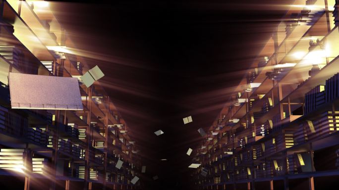 古香古色图书书架依次展开图书飞出