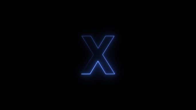 蓝色霓虹灯字体字母X大写字母在一段时间后出现。黑色背景上的动画蓝色霓虹字母符号。库存视频