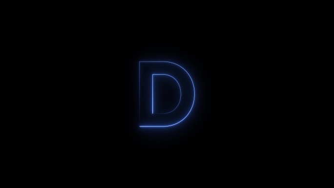 蓝色霓虹灯字体字母D大写字母在一段时间后出现。黑色背景上的动画蓝色霓虹字母符号。库存视频
