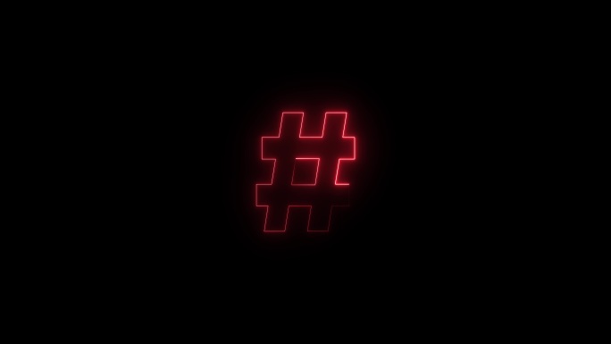 红色霓虹字体Hashtag#符号大写字母在一段时间后出现。黑色背景上的动画红色霓虹字母符号。库存视频