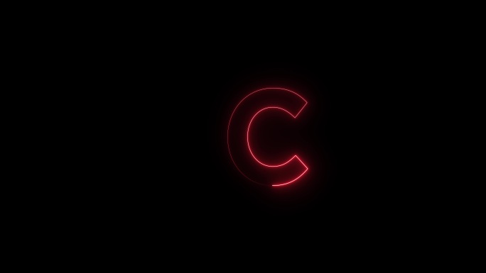 红色霓虹灯字体字母C大写字母会在一段时间后出现。黑色背景上的动画红色霓虹字母符号。库存视频