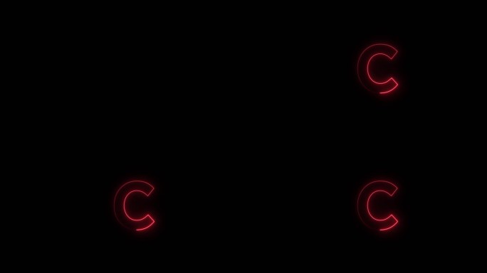 红色霓虹灯字体字母C大写字母会在一段时间后出现。黑色背景上的动画红色霓虹字母符号。库存视频