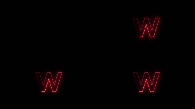 红色霓虹灯字体字母W大写字母会在一段时间后出现。黑色背景上的动画红色霓虹字母符号。库存视频