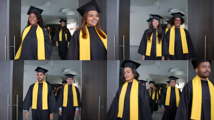 一群快乐的学生穿着莫塔巴德和毕业礼服，面带微笑地走进他们的毕业典礼