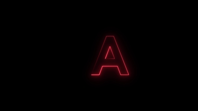 红色霓虹字体字母A在一段时间后出现大写。黑色背景上的动画红色霓虹字母符号。库存视频
